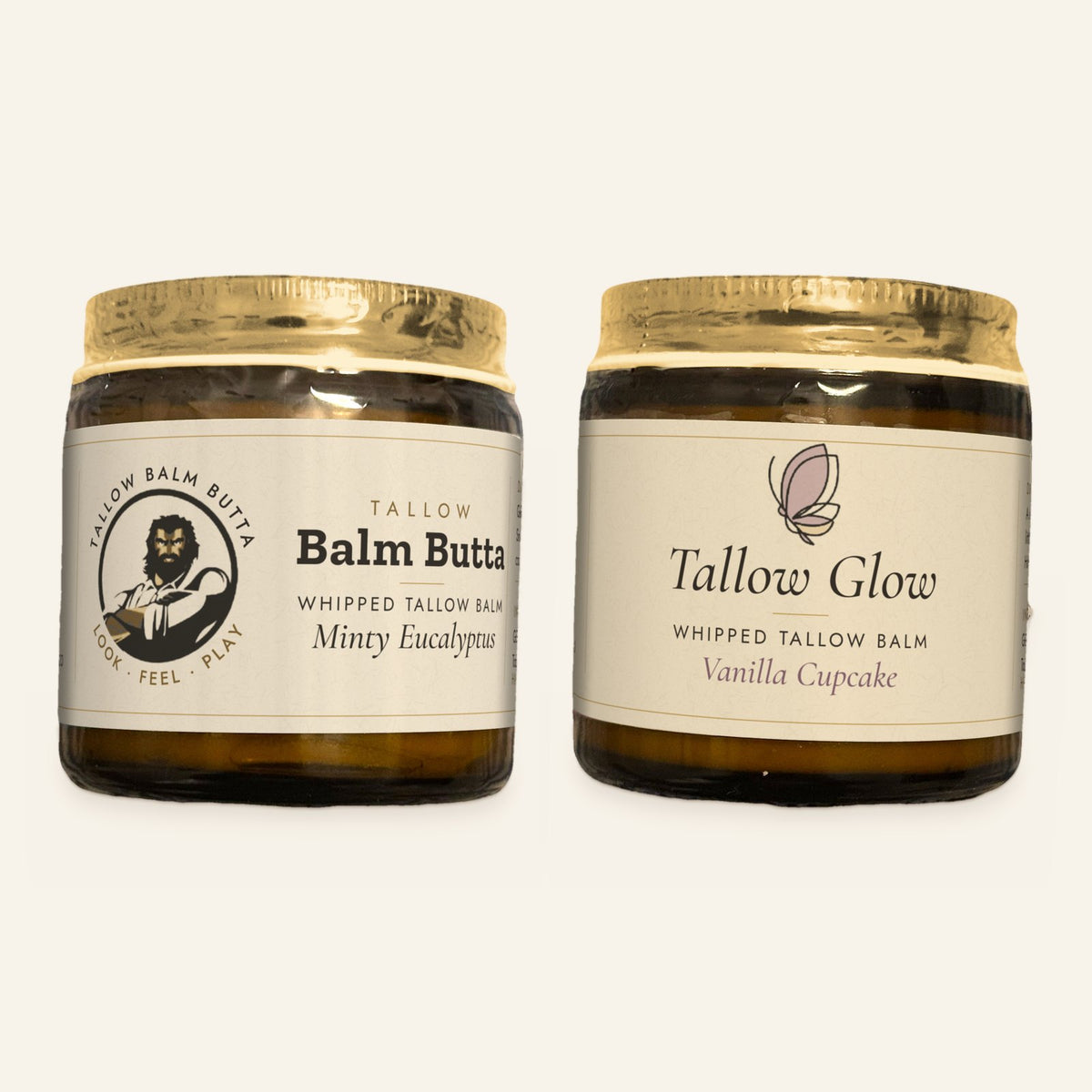 Tallow Roots Co. His & Hers pair: Balm Butta whipped tallow balm in Minty Eucalyptus and Tallow Glow in Vanilla Cupcake, two 4 oz glass jars with gold lids and cream labels