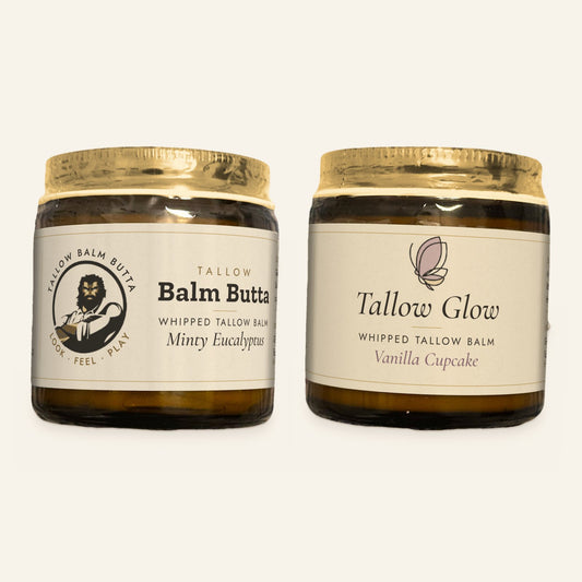 Tallow Roots Co. His & Hers pair: Balm Butta whipped tallow balm in Minty Eucalyptus and Tallow Glow in Vanilla Cupcake, two 4 oz glass jars with gold lids and cream labels